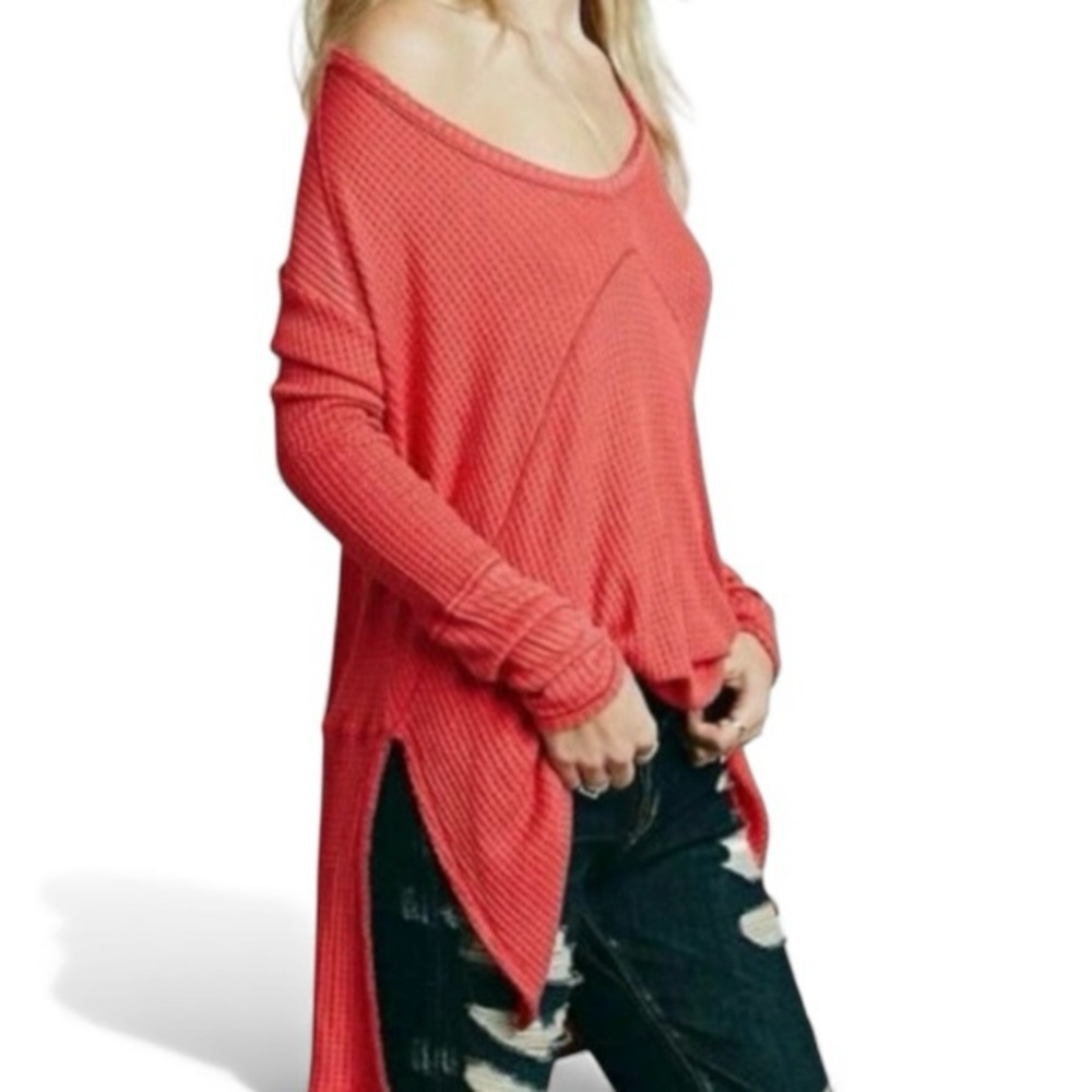 Free People Drippy Ventura Waffle Knit Thermal Top Coral Red Size S Boho